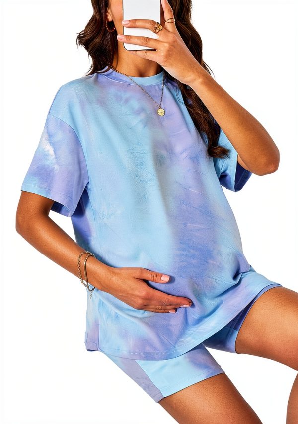 MakeMeChic Women Maternity Tie Dye 2 Piece Pajama Set Biker Shorts-5