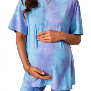 MakeMeChic Women Maternity Tie Dye 2 Piece Pajama Set Biker Shorts-0