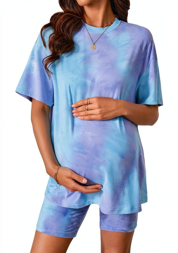MakeMeChic Women Maternity Tie Dye 2 Piece Pajama Set Biker Shorts-0