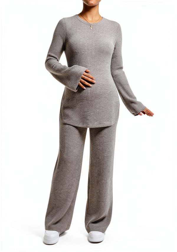 Women's Maternity Ribbed Knit 2 Piece Outfit with Crew Neck Top and-3