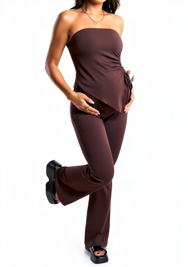 MakeMeChic Women's Maternity Set with Ruched Top and Flared Pants-4
