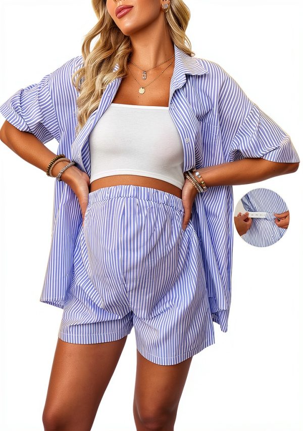 MakeMeChic Women's Maternity Button-Down Shirt & Shorts Set Blue-2