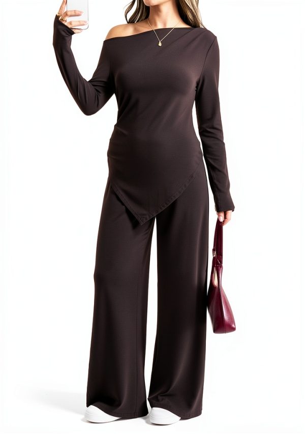 MakeMeChic Women's Maternity Clothes 2 Piece Fall Outfits Asymmetrical Top and Pants Pregnancy Matching Sets-5