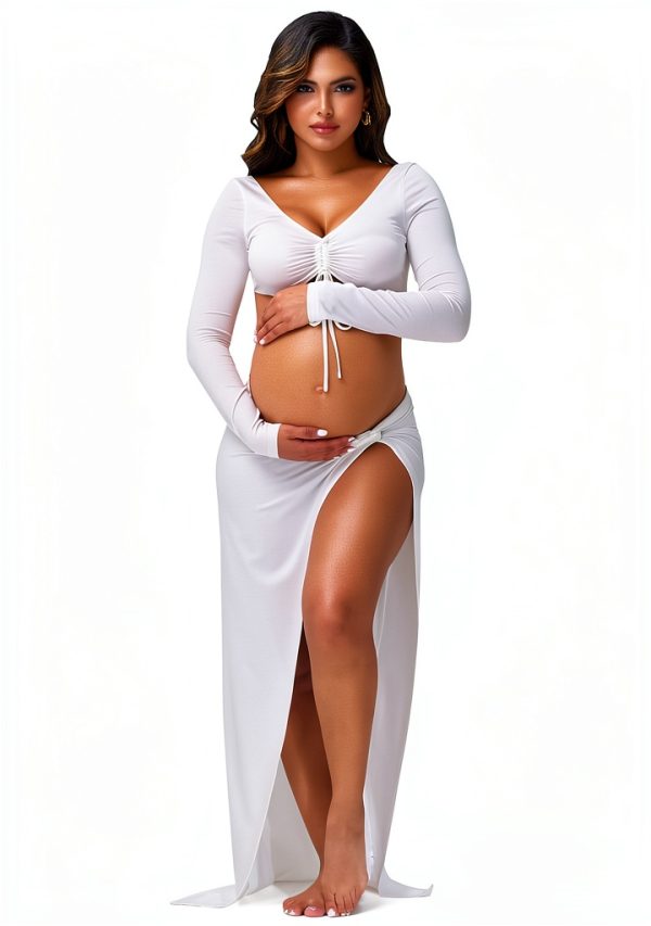 JustVH Womens Maternity V Neck Crop Top & Maxi Skirt Set-0