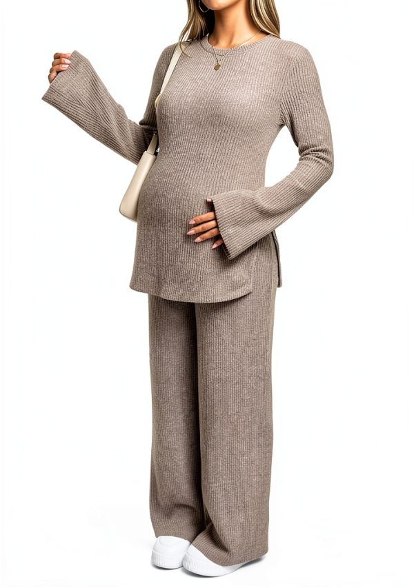 Women's Maternity Ribbed Knit 2 Piece Outfit with Crew Neck Top and-2