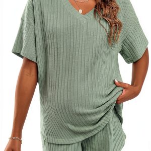 SweatyRocks Women's Maternity 2 Piece Outfits V Neck Short Sleeve Top and Elastic Waist Shorts Set-0