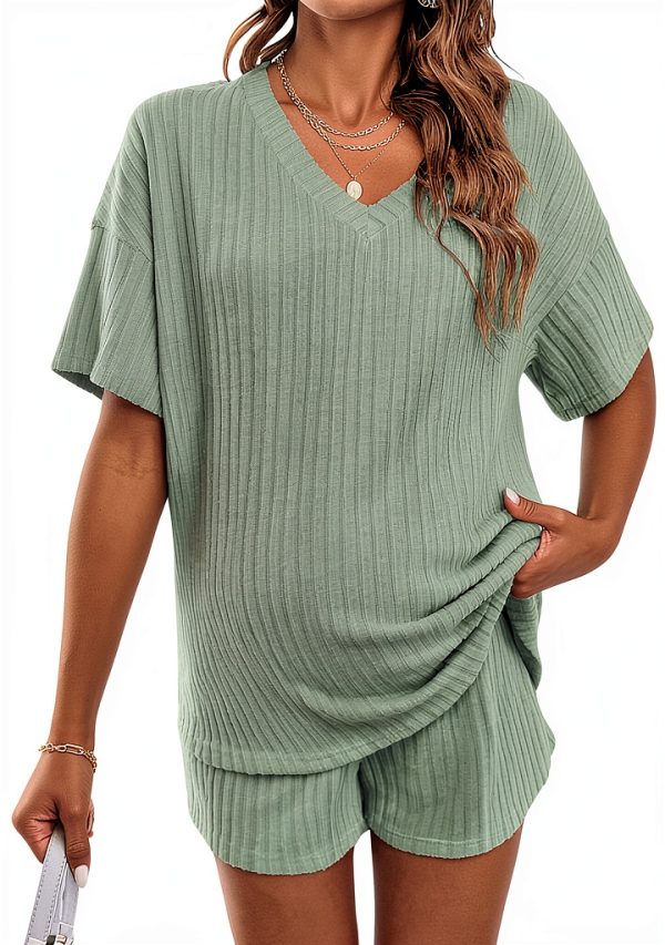 SweatyRocks Women's Maternity 2 Piece Outfits V Neck Short Sleeve Top and Elastic Waist Shorts Set-0