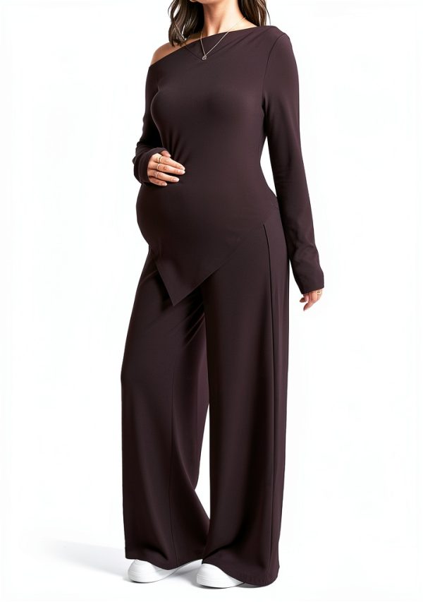 MakeMeChic Women's Maternity Clothes 2 Piece Fall Outfits Asymmetrical Top and Pants Pregnancy Matching Sets-3