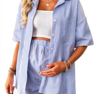 MakeMeChic Women's Maternity Button-Down Shirt & Shorts Set Blue-0
