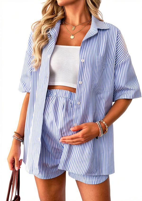 MakeMeChic Women's Maternity Button-Down Shirt & Shorts Set Blue-0