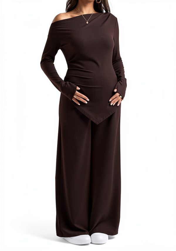 MakeMeChic Women's Maternity Clothes 2 Piece Fall Outfits Asymmetrical Top and Pants Pregnancy Matching Sets-4