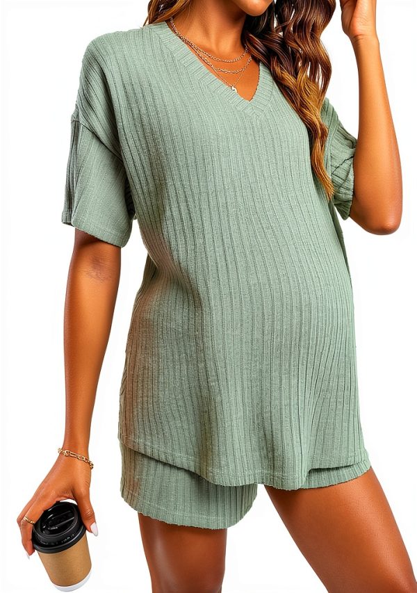 SweatyRocks Women's Maternity 2 Piece Outfits V Neck Short Sleeve Top and Elastic Waist Shorts Set-3