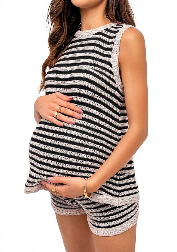 SOLY HUX Women's Maternity 2 Piece Outfits Striped Knit Tank Tops and Shorts Pregnancy Loungewear Mama Clothes-3