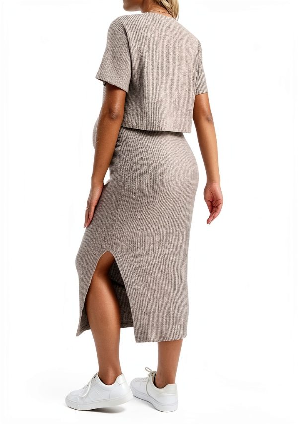 SHENHE Women's Maternity Ribbed 2 Piece Outfits Short Sleeve Crop Top Bodycon Slit Midi Skirt Set-2