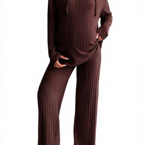 MakeMeChic Women's Maternity 2 Piece Outfits Lounge Set Ribbed Knit Long Sleeve Hoodie and Pants Pregnancy Set-0