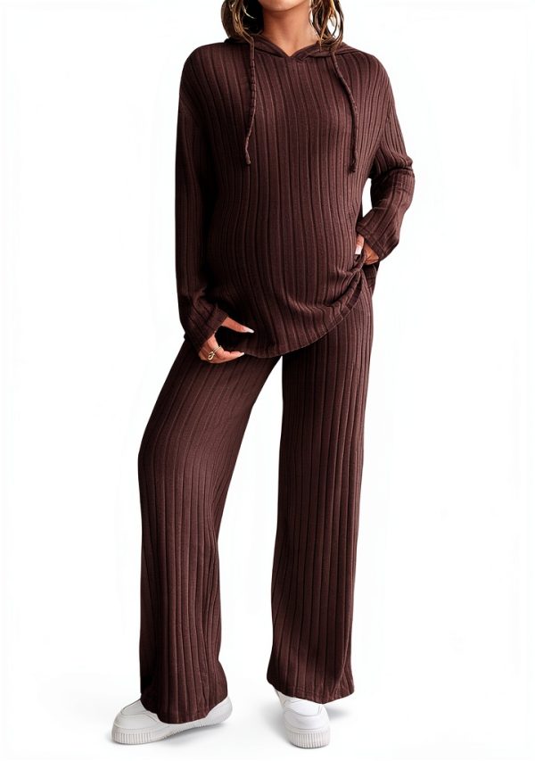 MakeMeChic Women's Maternity 2 Piece Outfits Lounge Set Ribbed Knit Long Sleeve Hoodie and Pants Pregnancy Set-0