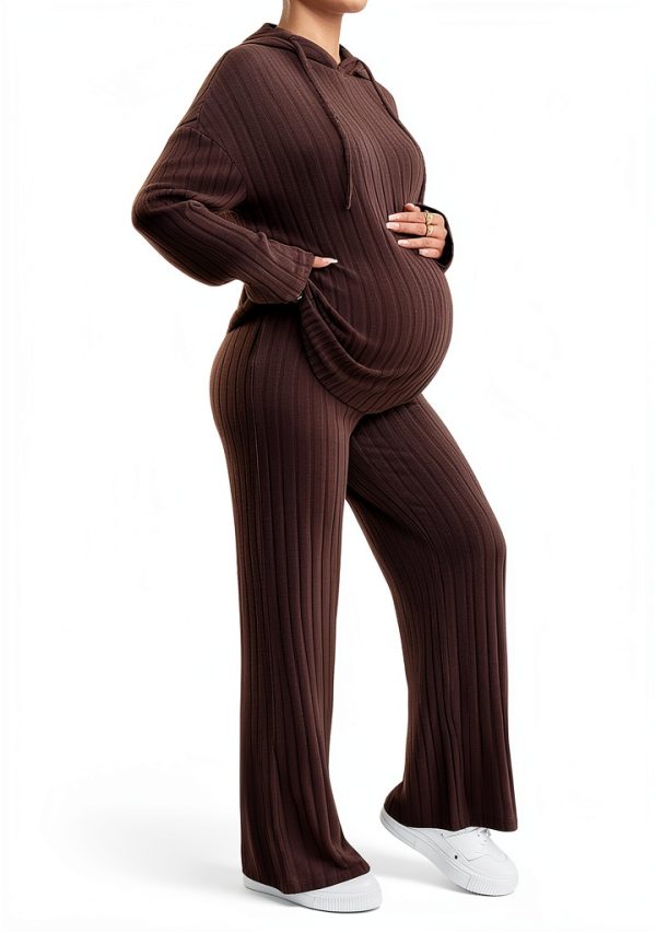 MakeMeChic Women's Maternity 2 Piece Outfits Lounge Set Ribbed Knit Long Sleeve Hoodie and Pants Pregnancy Set-4