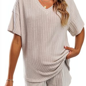 MakeMeChic Women's Maternity Pajamas Lounge Sets 2 Piece Outfits Short Sleeve Rib Knit Tops and Shorts Sets Pregnancy Clothes-0