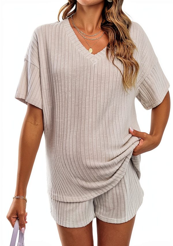 MakeMeChic Women's Maternity Pajamas Lounge Sets 2 Piece Outfits Short Sleeve Rib Knit Tops and Shorts Sets Pregnancy Clothes-0
